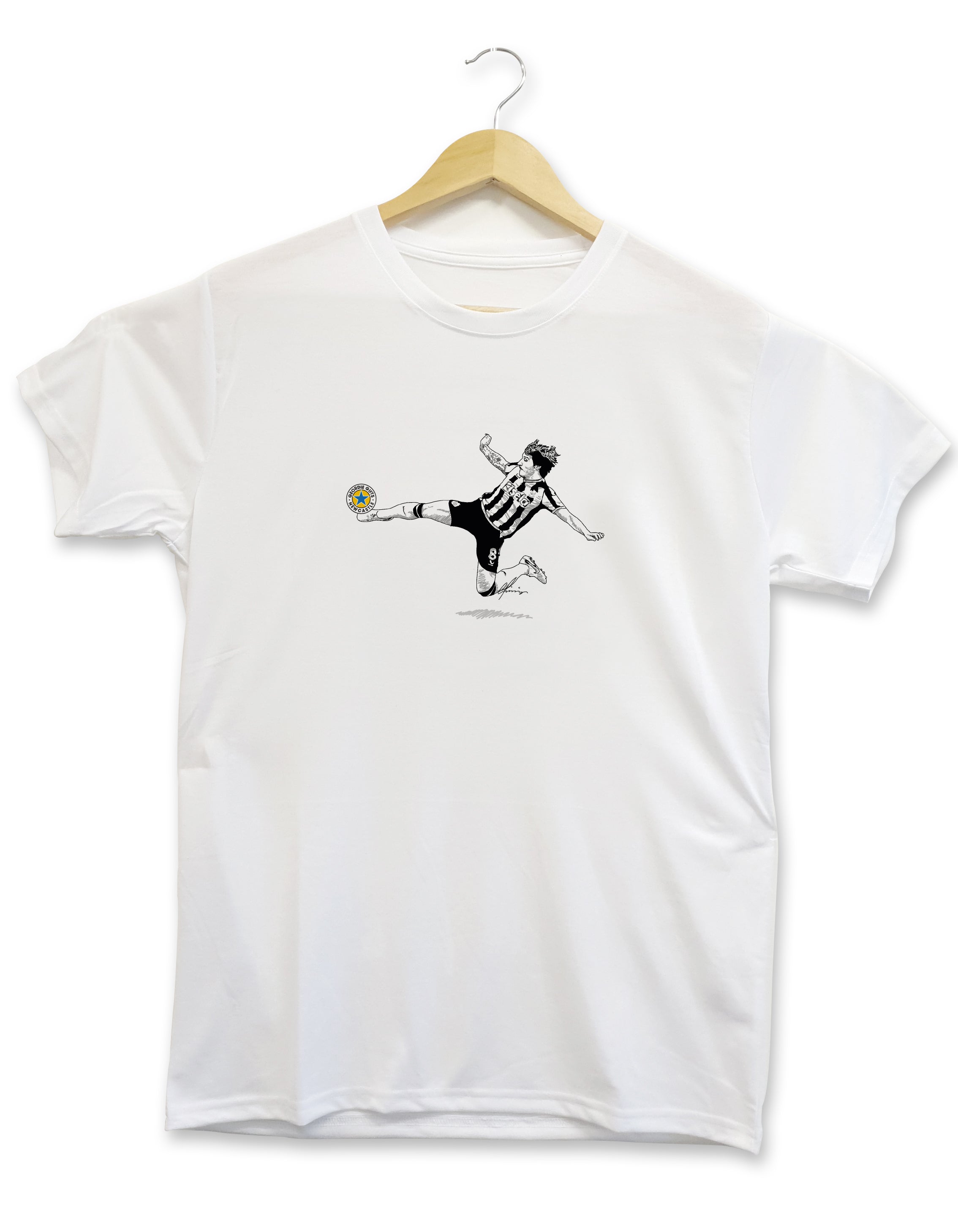 newcastle united football club shirt hand drawn illustration of sandro tonali celebration after scoring his first gial on hius debut at st james park against aston villa 5-1. designed by geordie gifts