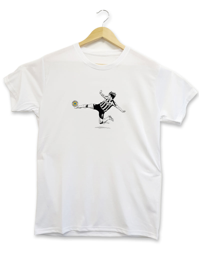 newcastle united football club shirt hand drawn illustration of sandro tonali celebration after scoring his first gial on hius debut at st james park against aston villa 5-1. designed by geordie gifts