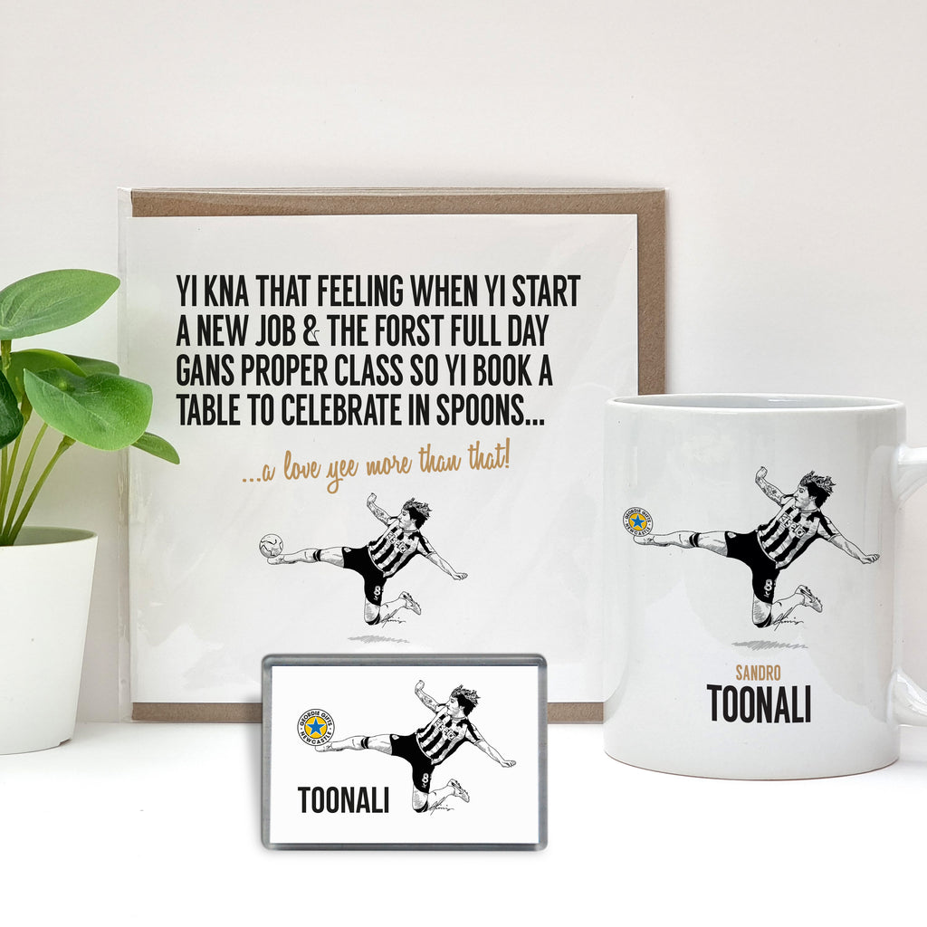 newcastle united football club fan gifts, mug, card & fridge magnet bundle deal featuring sandro tonali, designed by geordie gifts