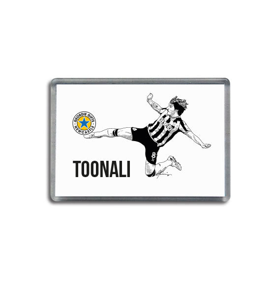 nufc newcastle united football club souvenirs, fridge magnet featuring illustration of sandro tonali celebrating after scoring on his debut at st james park. Designed by geordie gifts