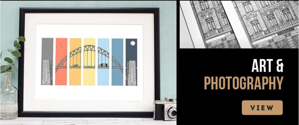 newcastle artwork and photography, unique drawing of north east landmarks. Black and white framed prints