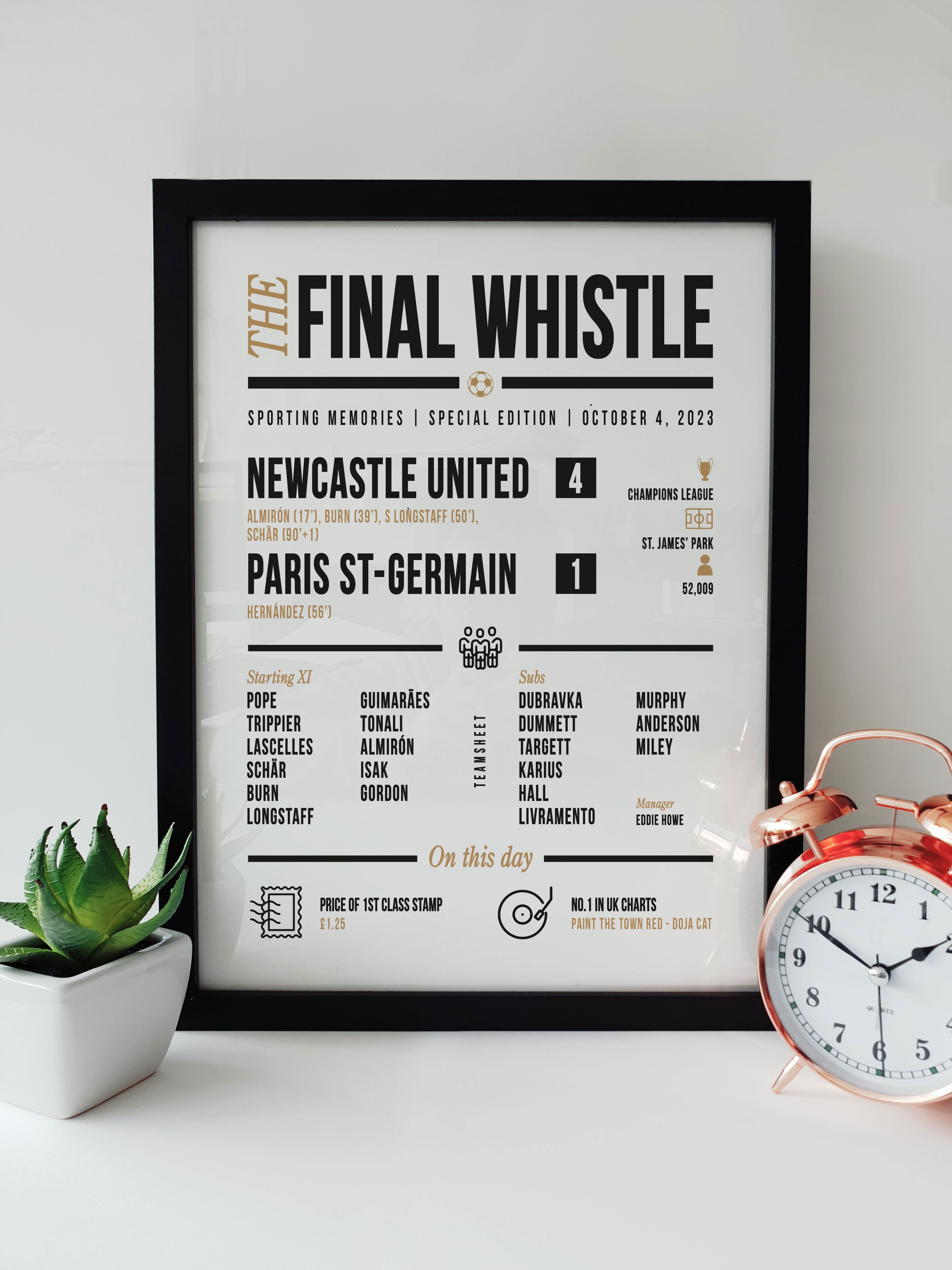 Newcastle United vs PSG Champions League victory commemorative framed print with squad and match details. GEORDIE GIFTS