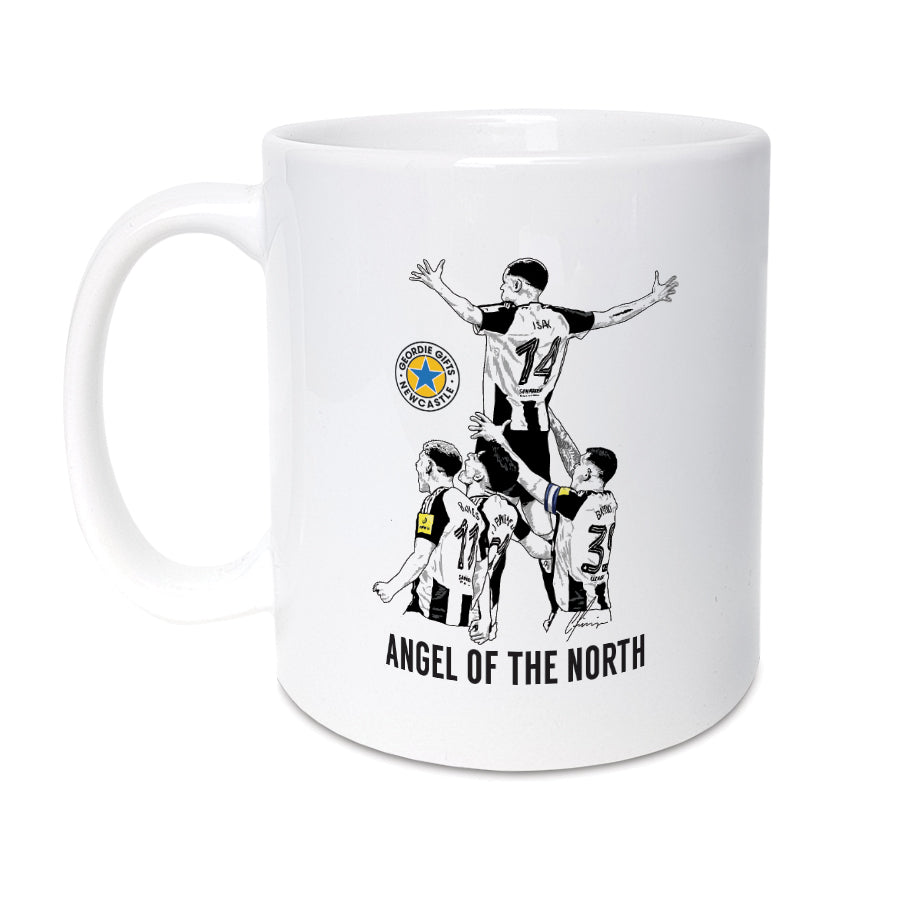 Geordie Gifts Newcastle United supporter mug featuring a hand-drawn Alexander Isak illustration as the Angel of the North, celebrating his second goal in the Carabao League Cup final at Wembley.