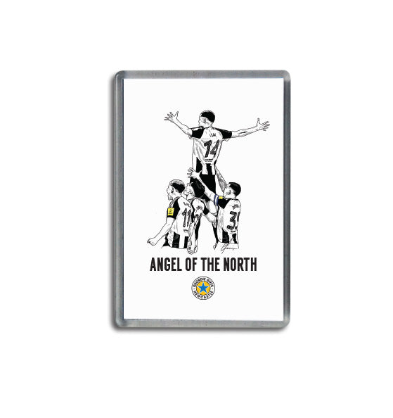 Geordie Gifts Newcastle United supporter fridge magnet featuring a hand-drawn Alexander Isak illustration as the Angel of the North, celebrating his second goal in the Carabao League Cup final at Wembley.