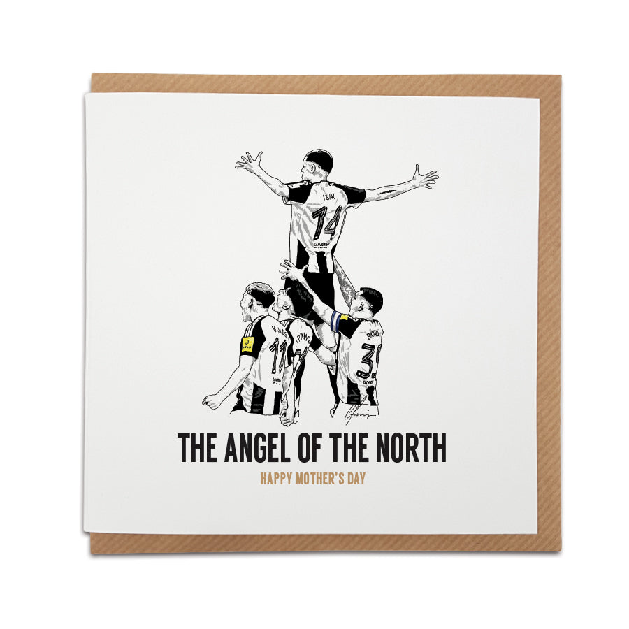 Handmade Geordie Gifts Newcastle United Mother’s Day greeting card with a hand-drawn Alexander Isak illustration, celebrating his Carabao Cup final goal against Liverpool as the Angel of the North, on a brown envelope background.