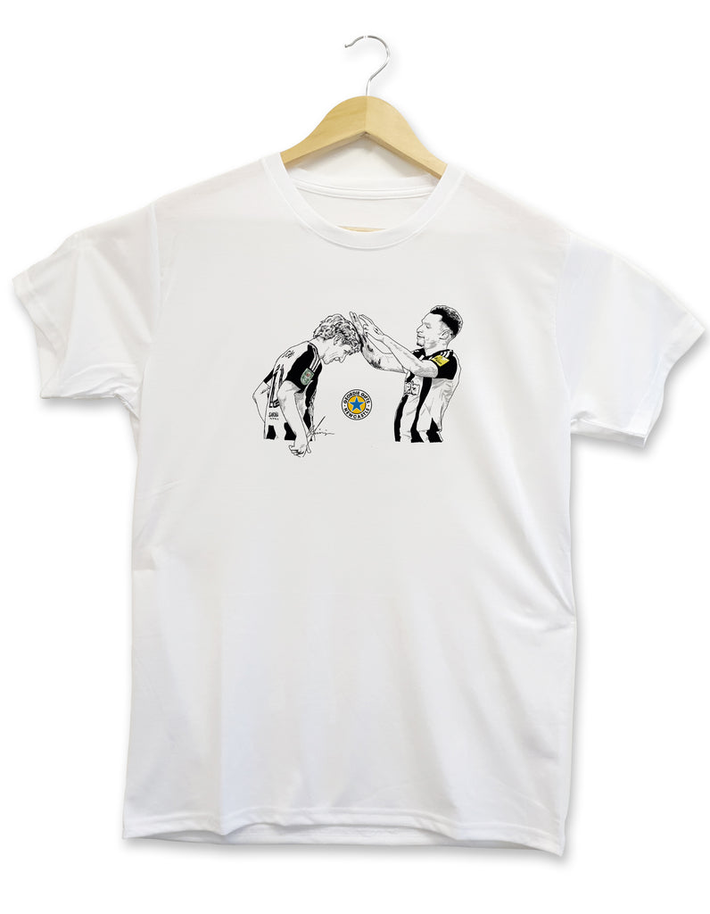 Newcastle United T-shirt from Geordie Gifts featuring a hand-drawn illustration of Anthony Gordon and Jacob Murphy celebrating a goal against Arsenal in the Carabao Cup.