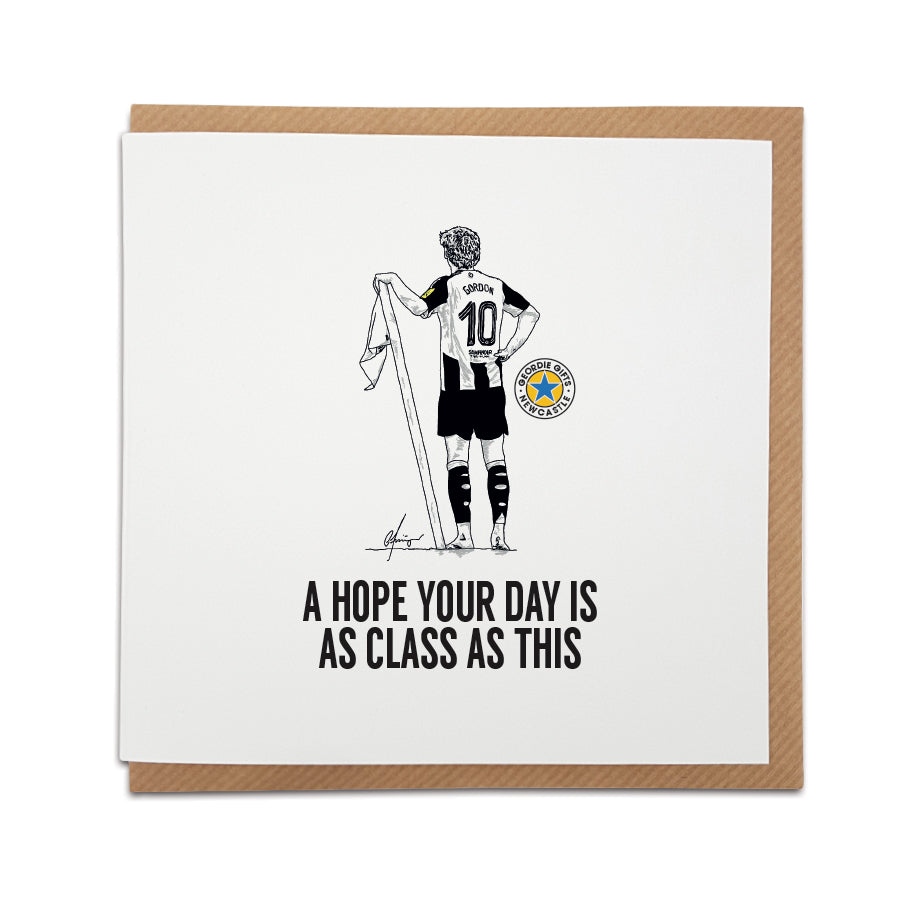 Anthony Gordon corner flag celebration card by Geordie Gifts featuring a hand-drawn illustration, perfect for Newcastle United fans