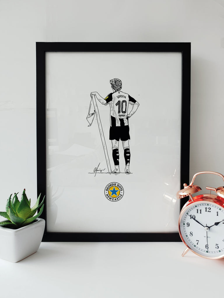 Anthony Gordon corner flag goal celebration print by Geordie Gifts featuring Newcastle United fan art.