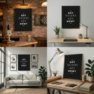 A collage showing the black 'Shy Bairns Get Nowt' print in various settings including a home bar and modern living room designed by geordie gifts