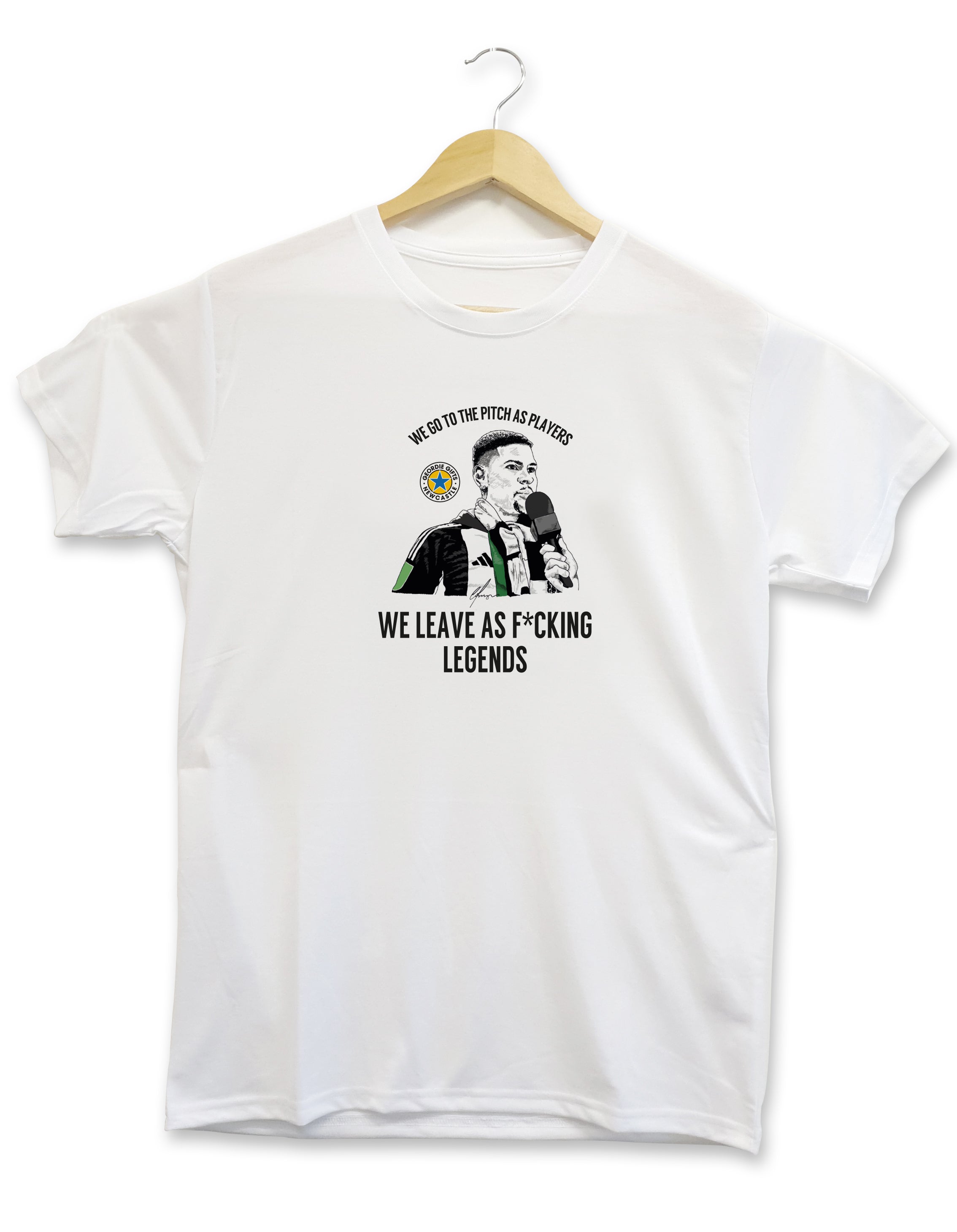Geordie Gifts white T-shirt featuring Bruno Guimarães with the quote “We leave as f*cking legends” – Newcastle United Cup parade design.