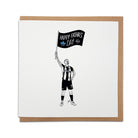 Newcastle United Father’s Day card by Geordie Gifts featuring Bruno Guimarães waving a “Happy Fatha’s Day 2025” flag – perfect for Toon fans.