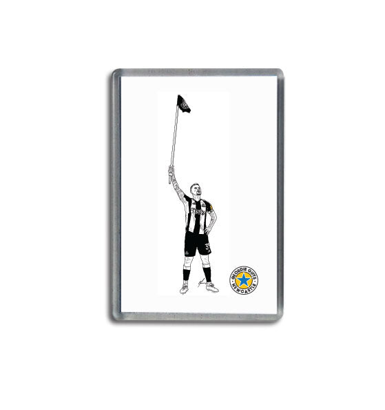 Geordie Gifts fridge magnet featuring Bruno Guimarães celebrating with corner flag in Newcastle United kit, illustrated in black and white.