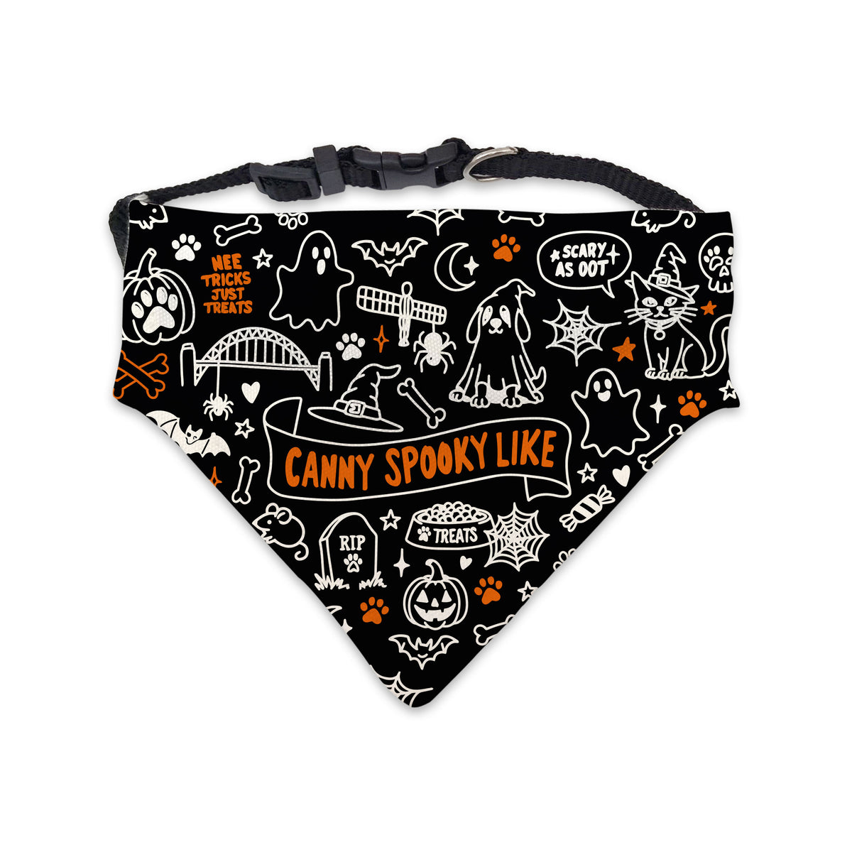 Black and orange 'Canny Spooky Like' Geordie Halloween pet bandana with adjustable strap and buckle clip by Geordie Gifts.