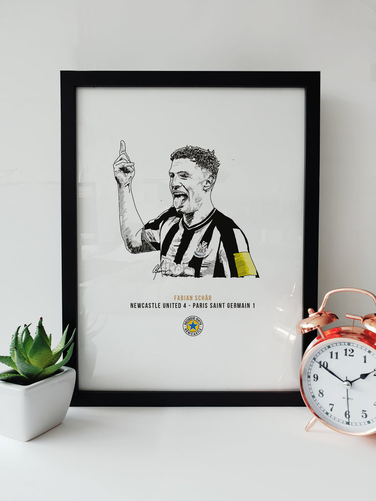 Hand-drawn print of Fabian Schär celebrating Newcastle's 4-1 win over PSG in the Champions League newcastle united geordie gifts