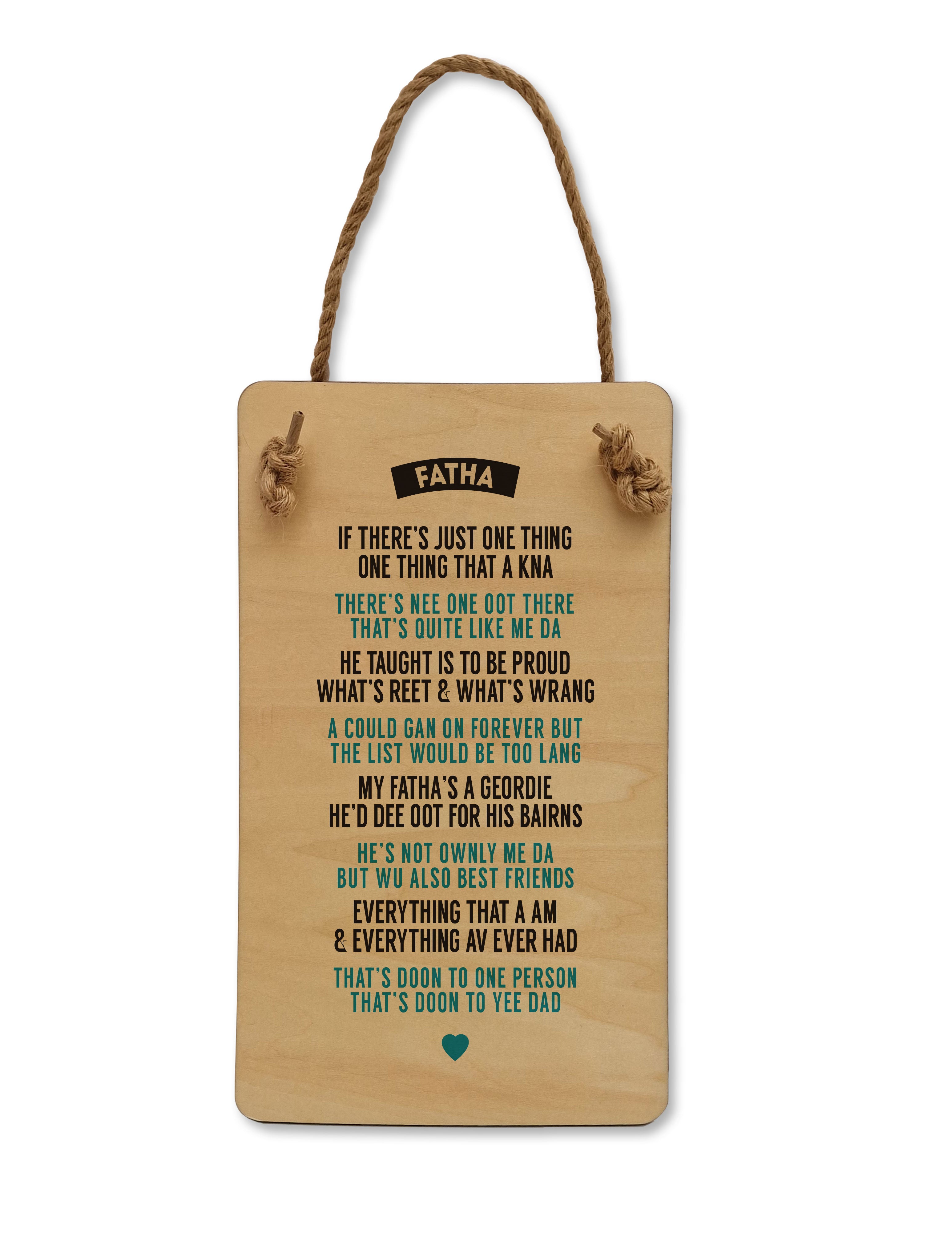 Sentimental Geordie Dad Poem wooden plaque by Geordie Gifts featuring Newcastle dialect, perfect for Father's Day.
