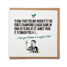 Newcastle United festive card featuring Fabian Schar's goal celebration with the text from the 4-1 Champions League game against PSG