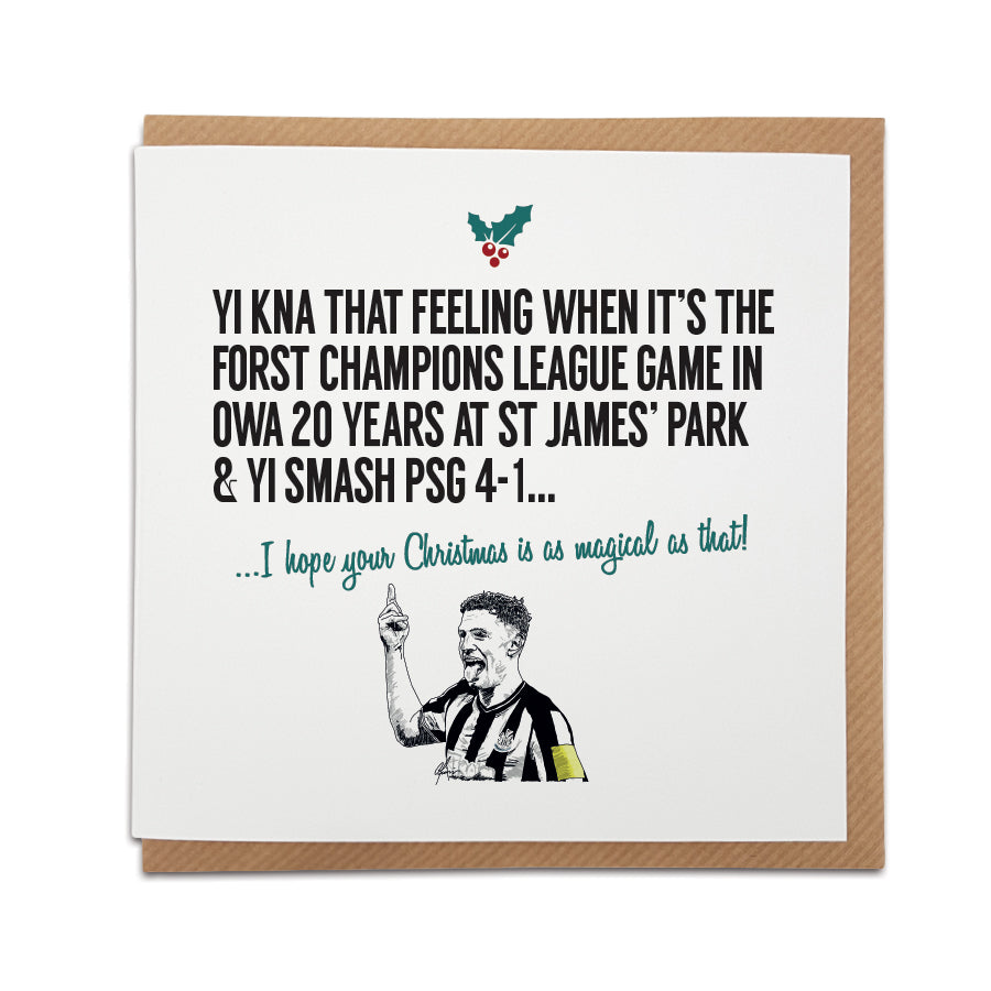 Newcastle United festive card featuring Fabian Schar's goal celebration with the text from the 4-1 Champions League game against PSG