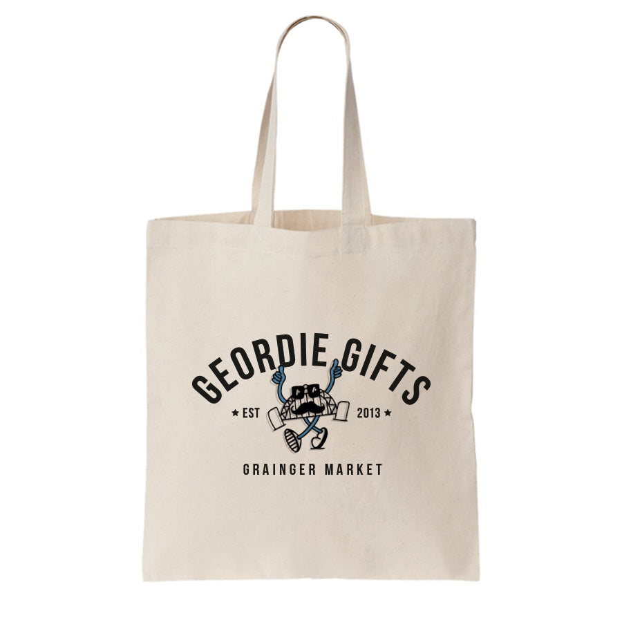 Geordie Gifts Grainger Market tote bag featuring a moustachioed tyne bridge cartoon character wearing sunglasses