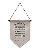 Handmade Geordie-themed linen flag with 'Geordie Hoose Rules' inscribed, featuring classic black and white stripes in the background, symbolizing Newcastle pride and cultural sayings, perfect for home decor