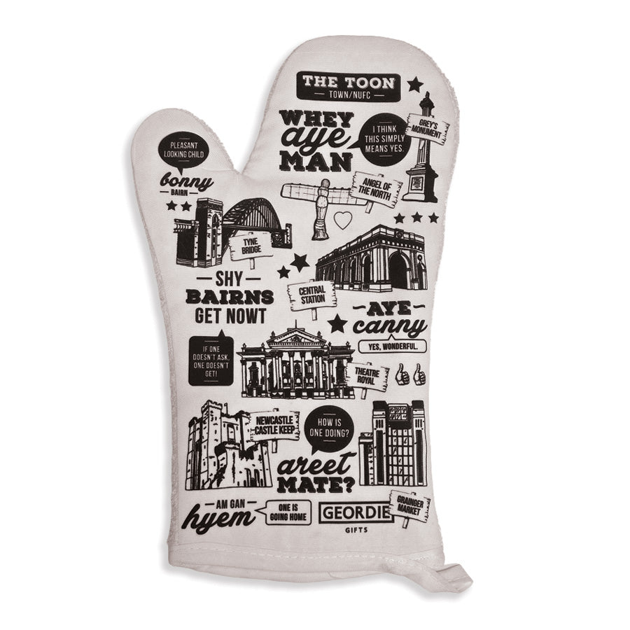Geordie Gifts oven glove with newcastle dialect, local sayings and landmarks. Tyne Bridge, angel of the north, grainger market illustrations