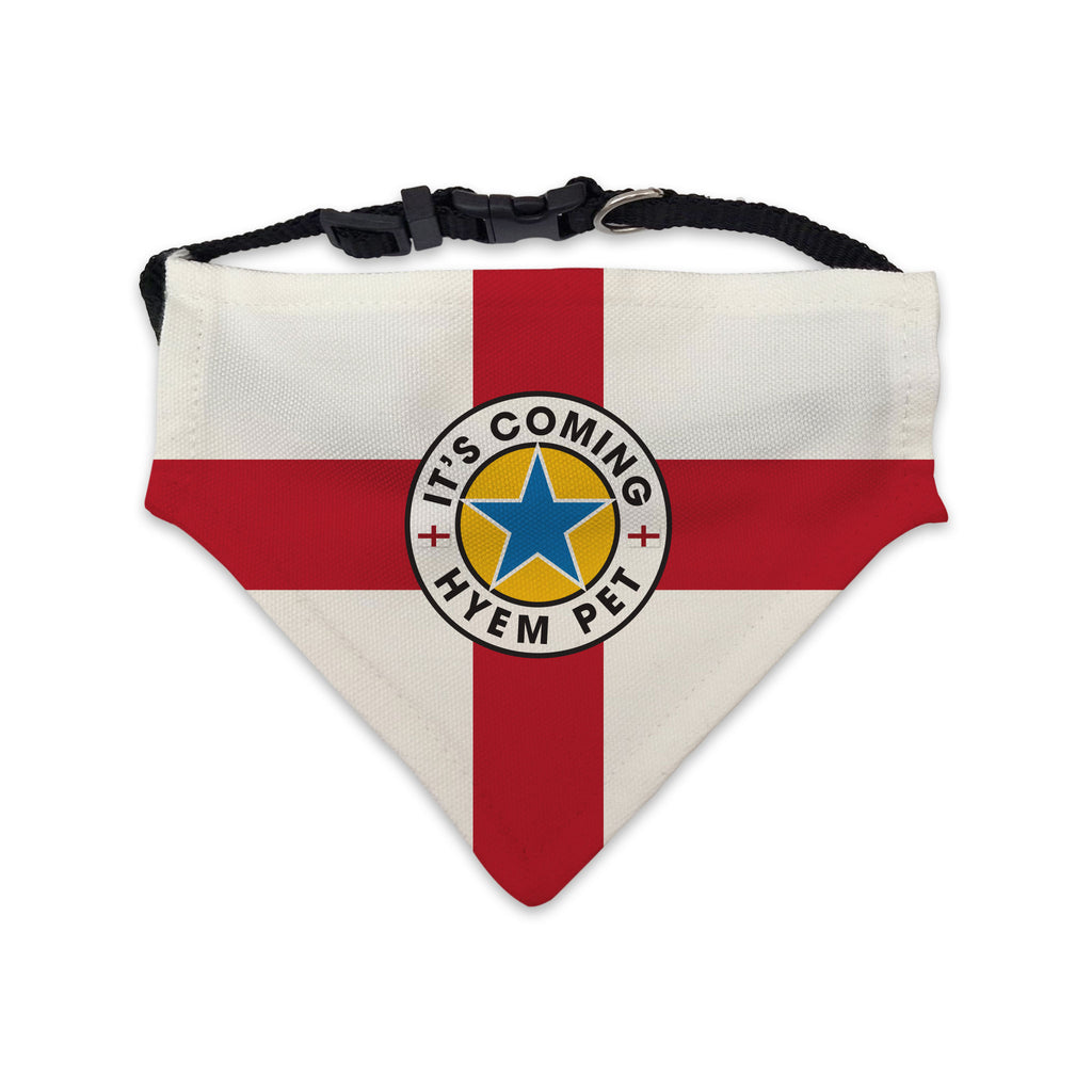 Show your Geordie pride with the 'It's Coming Hyem Pet' bandana from Geordie Gifts. Featuring the England flag with a Newcastle star and the slogan 'It's Coming Hyem Pet,' this adjustable, breathable bandana is perfect for Newcastle United fans and their pets during the Euros and other football events.