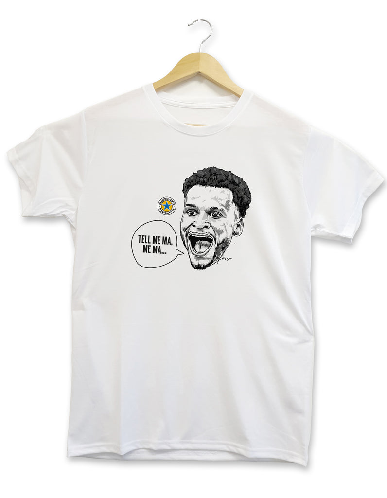 Jacob Murphy "Tell Me Ma" T-shirt from Geordie Gifts featuring a hand-drawn illustration of the Newcastle United star with a fan chant speech bubble.