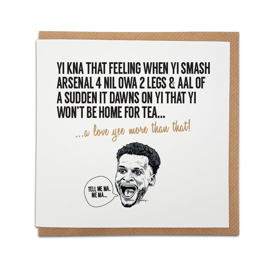 Handmade Valentine's card featuring Jacob Murphy celebrating Newcastle United's win, ideal for fans.