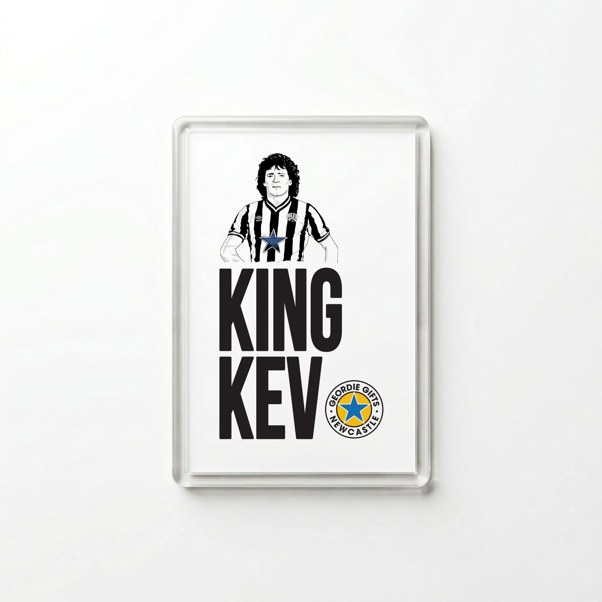 Clear acrylic Kevin Keegan 'King Kev' Newcastle United fridge magnet by Geordie Gifts on a white background.