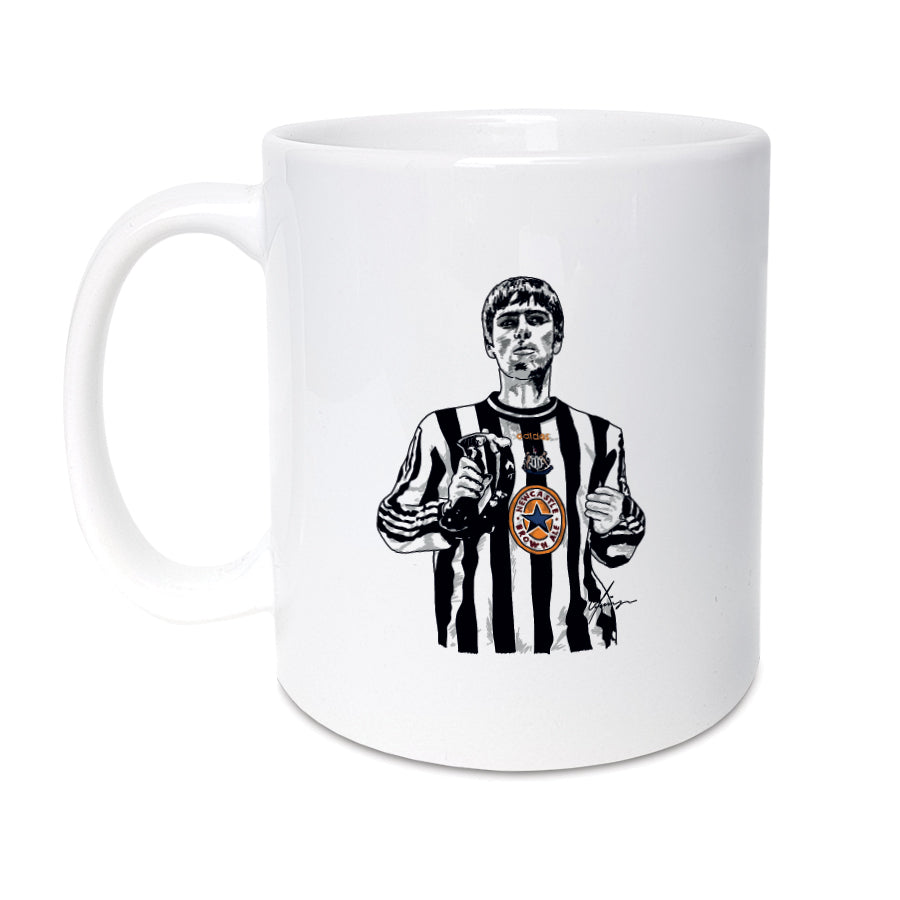 Illustrated mug featuring Liam Gallagher wearing a Newcastle United football shirt, celebrating his 1997 concert at the Metro Radio Arena, coinciding with Newcastle United's historic 3-2 win over Barcelona. Perfect gift for Oasis fans and Newcastle supporters, available at Geordie Gifts in Grainger Market.