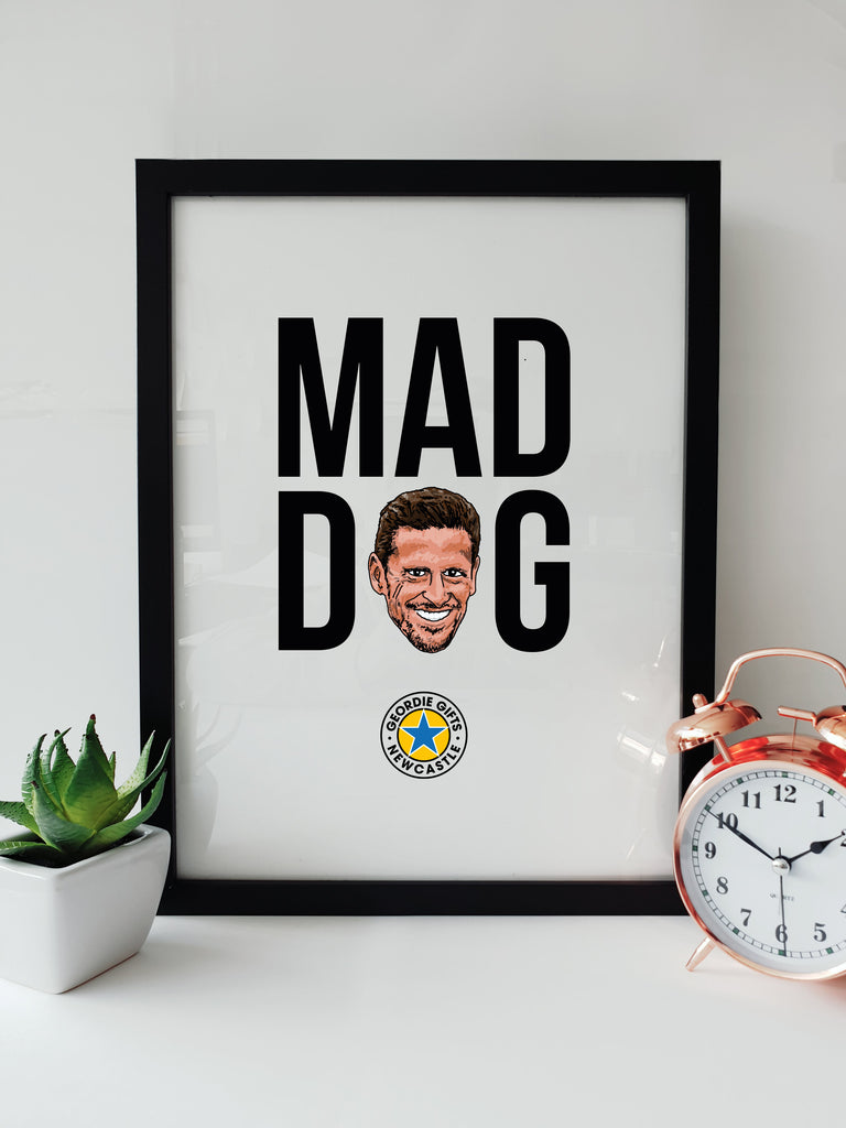 Mad Dog Jason Tindall print by Geordie Gifts featuring a hand-drawn illustration of Newcastle United’s assistant manager.