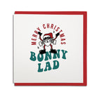 Funny Geordie Christmas card by Geordie Gifts featuring Santa as the Tyne Bridge with the text "Merry Christmas Bonny Lad."