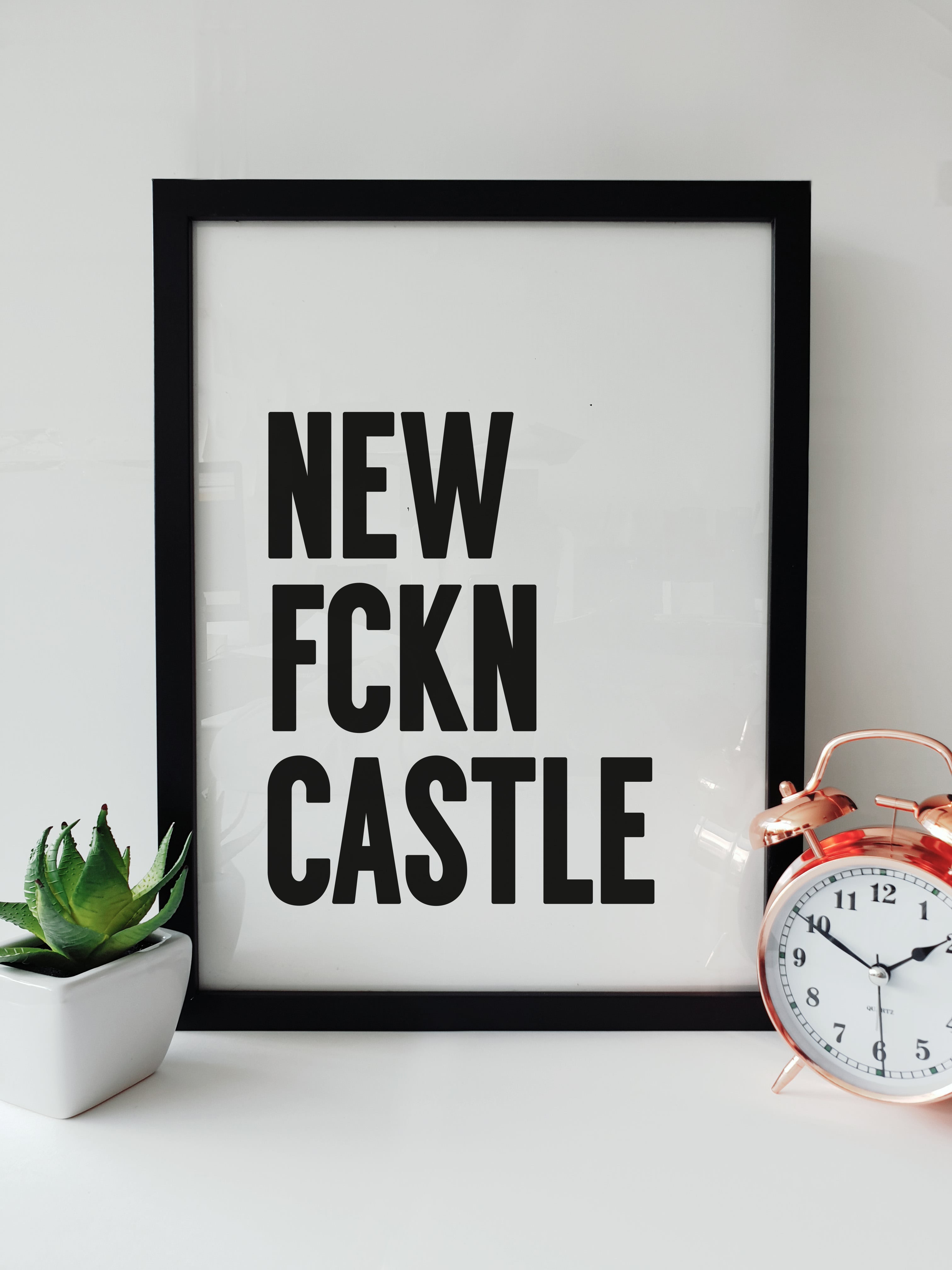 Framed "NEW FCKN CASTLE" black and white typography print displayed on a clean white shelf next to a small potted succulent and a classic copper alarm clock. Designed for Geordie Gifts.