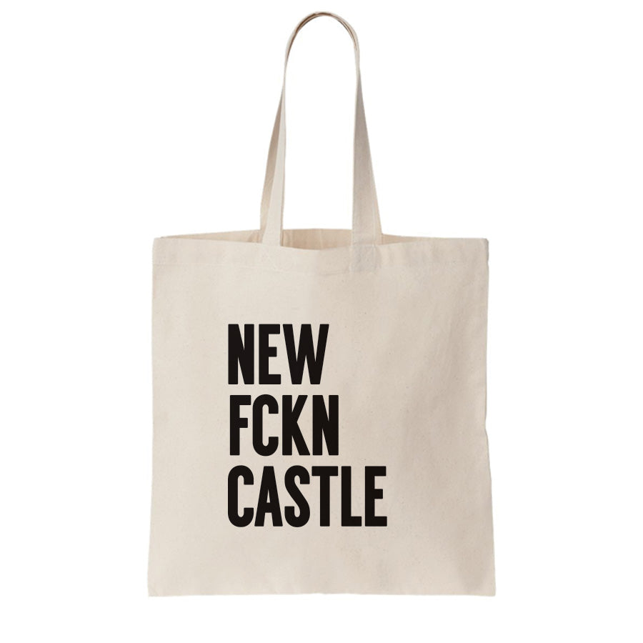 Cream coloured tote bag featuring bold black text reading NEW FCKN CASTLE. Funny Geordie gift designed by Geordie Gifts.