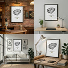 A collage showing the Newcastle United stadium print in four settings, including a home bar, a modern desk, and a gallery wall.