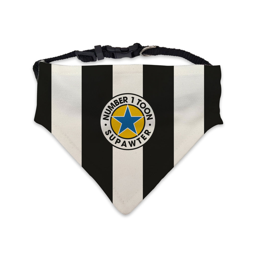 number 1 toon supawter funny geordie gifts newcastle united themed dog bandana petwear with black and white stripes and a brown ale inspired badge
