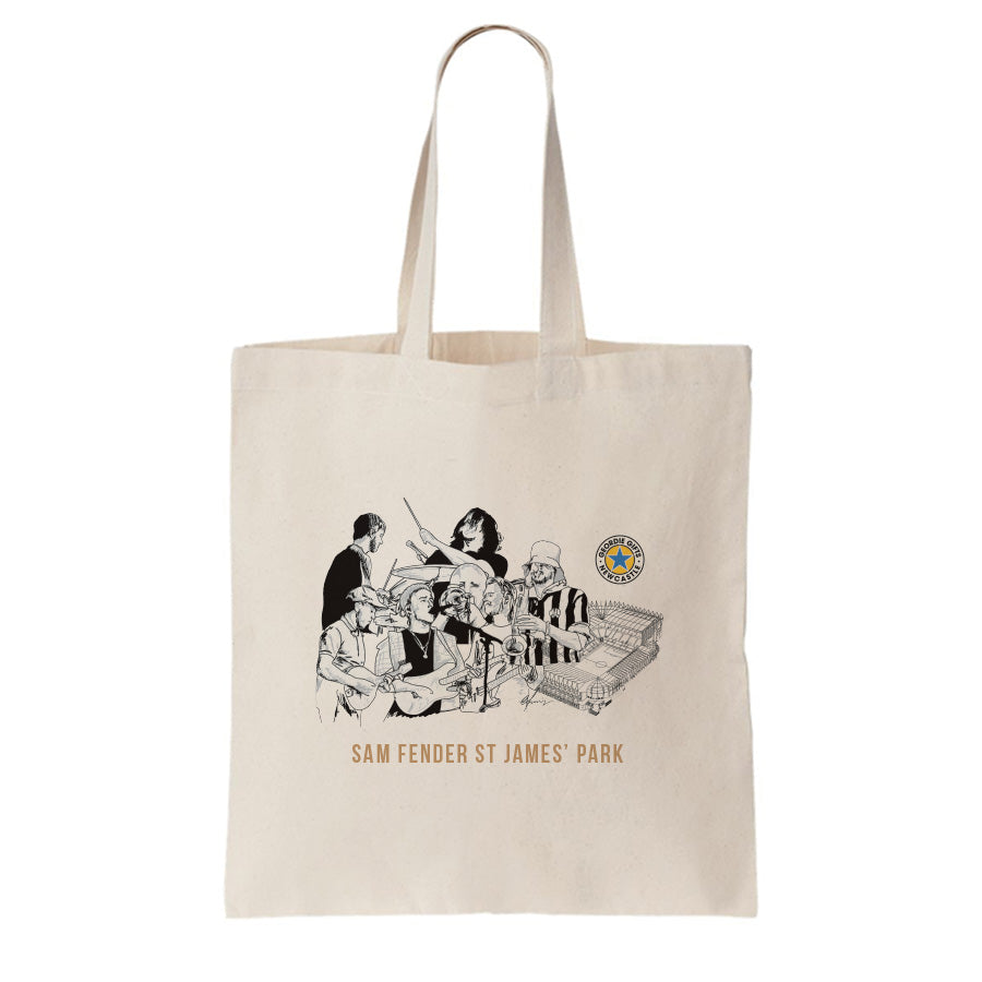 Tote bag design displaying a hand drawn illustration of Sam Fender and his band to commemorate the announcement of the St James' Park Newcastle United stadium gig on the same day as the Blaydon Races. geordie gifts