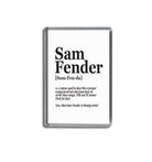 Geordie Gifts fridge magnet featuring funny Sam Fender dictionary-style definition design, perfect gift for fans and Newcastle locals.