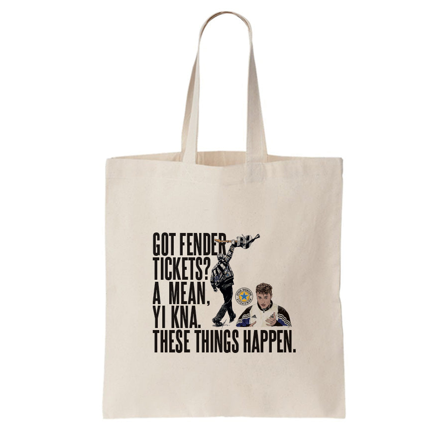 Natural cotton canvas tote bag featuring Sam Fender 'These Things Happen' illustrations and bold quote by Geordie Gifts.