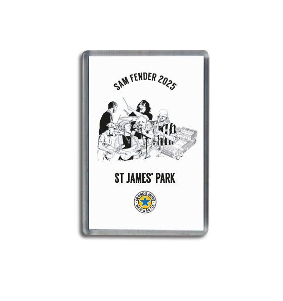 Geordie Gifts fridge magnet featuring Sam Fender and band live at St James’ Park in 2025. Perfect Newcastle souvenir for fans.