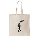 Geordie Gifts natural cotton tote bag featuring Sam Fender illustration with black and white guitar raised at St James’ Park 2025.