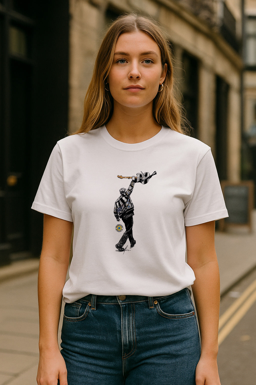 Woman wearing Sam Fender St James’ Park 2025 gig T-shirt by Geordie Gifts, photographed on a Newcastle city street.