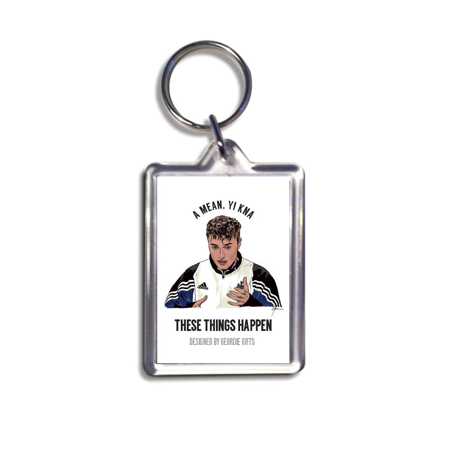 Geordie Gifts acrylic keyring featuring Sam Fender with “These things happen” quote in NUFC trackie. Funny Newcastle gift.