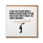 6x6 inch Sam Fender card reading "Yi kna that feeling when yi proper stressed aboot getting tickets..." with kraft brown envelope by Geordie Gifts.