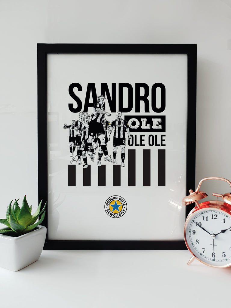 Sandro Ole Ole Ole Newcastle United goal celebration print by Geordie Gifts, featuring an illustrated team celebration in black-and-white stripes.