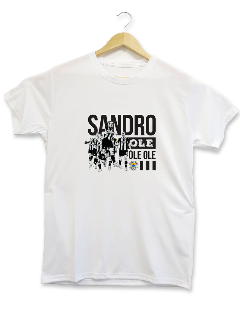 Sandro Tonali Ole Ole Ole T-shirt from Geordie Gifts featuring a bold Newcastle United fan chant design in black and white.