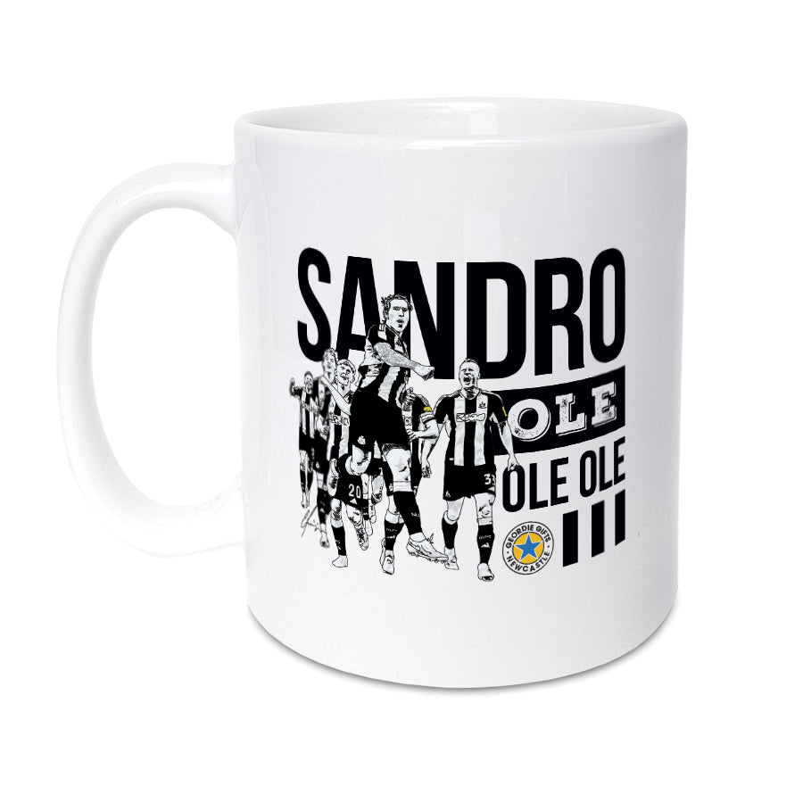 Sandro Tonali Ole Ole Ole mug from Geordie Gifts featuring a hand-drawn Newcastle United fan chant design in black and white.