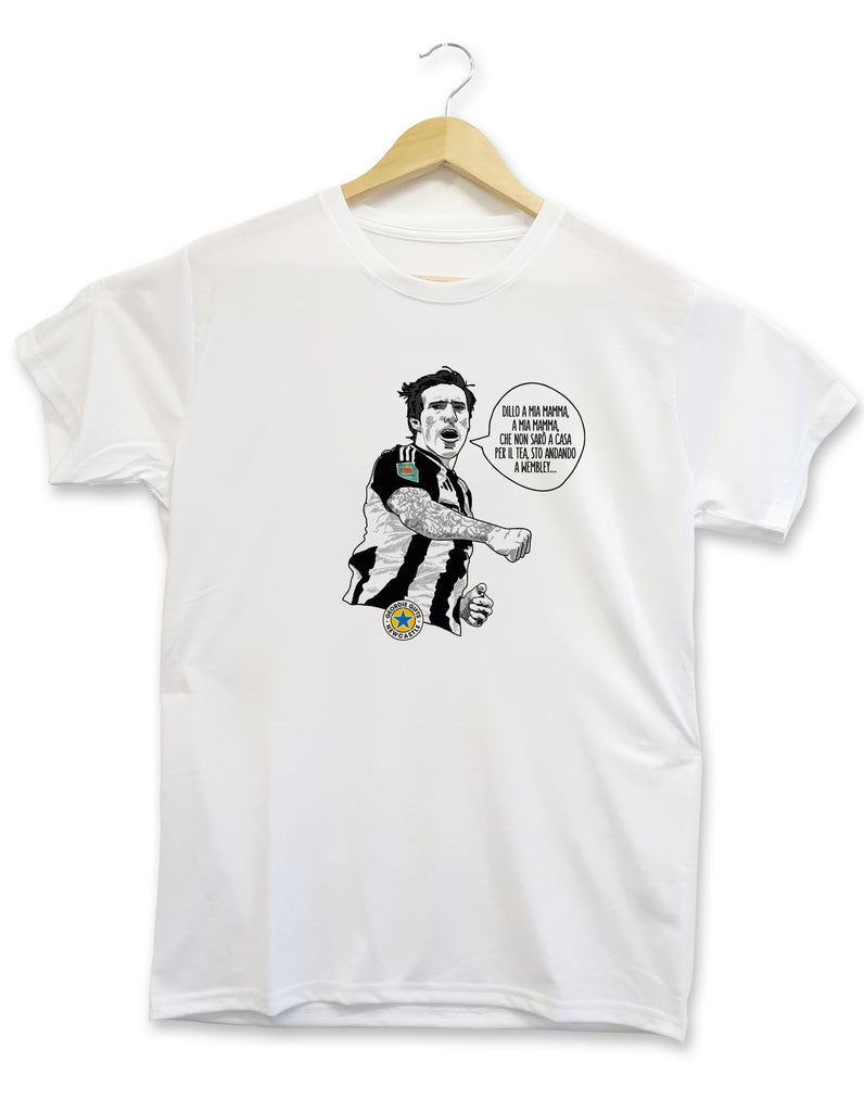 Geordie Gifts Sandro Tonali Newcastle United kit T-shirt, white, featuring Italian celebration translation for tell me ma wembley channt cup final 2025
, perfect for stylish football fans.