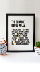 The Geordie Hoose Rules print on a clean white background, featuring bold black text with yellow accents. This limited edition artwork lists playful house rules in Geordie dialect, celebrating the heart of Newcastle culture.