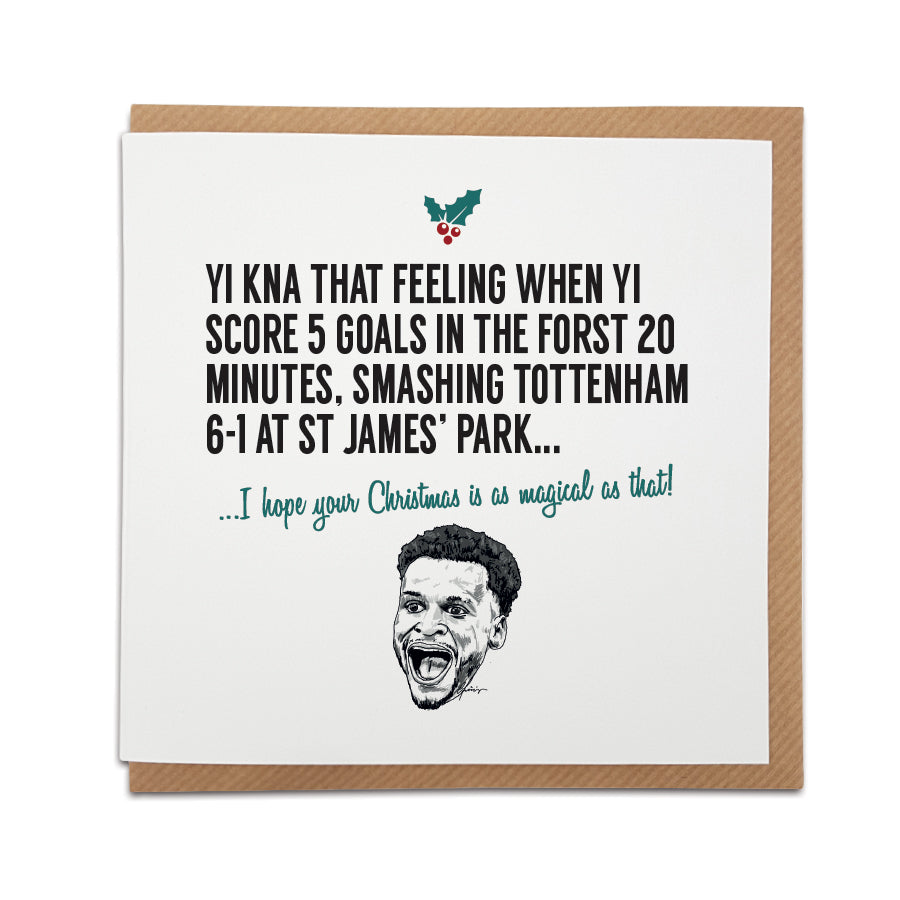 Christmas card from Geordie Gifts with illustration of Jacob Murphy, text celebrating Newcastle's 6-1 win over Spurs.