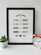 Minimalist typography print listing iconic Geordie duos: Tyne & Bridge, Fish & Chips, Greggs & Stottie, Shearer & NUFC, Me & Yee. Romantic Newcastle gift by Geordie Gifts